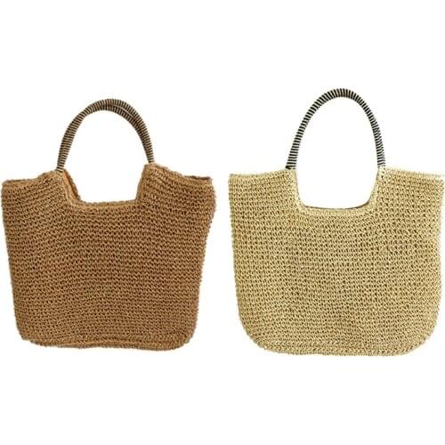 Womens Solid Color Woven Portable Straw Bag, Shopping All-Match Leisure Beach Vacation Leisure Bag