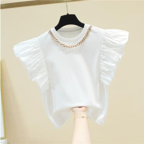Chain Flare Sleeved White Women T-Shirts Summer New Design O-Neck Slim Elegant Female Pulls Outwear Tops Tees