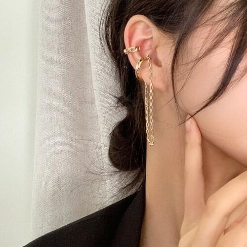 Women Ear Clips Punk Long Tassel Link Chain Jewelry Gold Color Metal Round Circle Ear Cuff Cool Girls Gift Party Fashion Earings
