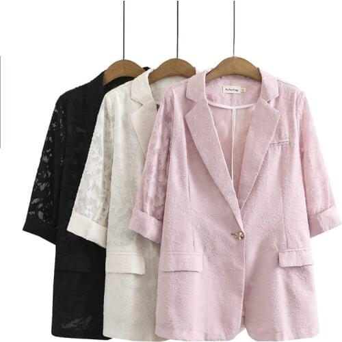 Summer Jacquard Blazer Plus Size Womens 2021 Chic Korean Loose Mid Length Five Point Sleeve Suit Jacket Ladies Tops zh1525