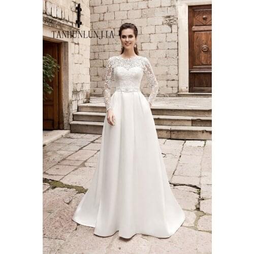 2021 Elegant Wedding Dresses with Pockets Long Sleeves O-neck Lace Satin Wedding Gowns Bride Dress Vestido De Novia