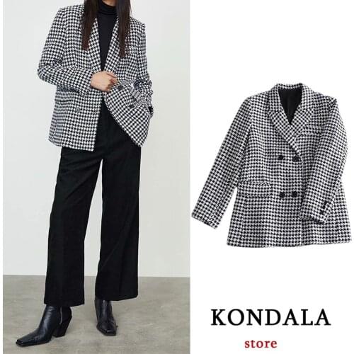 KONDALA Women Balzer Gray Plaid Print Casual Office Lady Coat Double Breasted Long Sleeve Fashion Female Jacket Mujer Saco