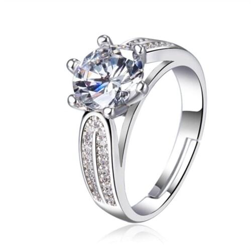 Free Shipping Adjustable Size Open Ring Beautiful Womens Sterling Silver Ring 8mm Diameter Large Zircon Ring