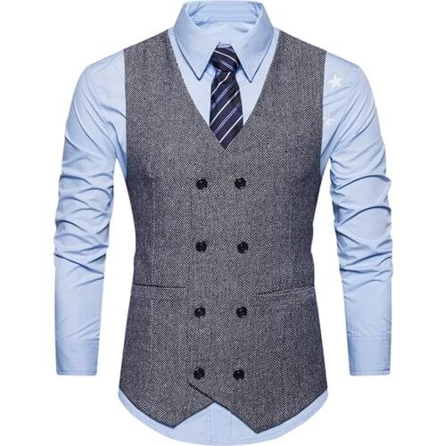 Mens Sets Vintage Men Sleeveless Double-breast Herringbone Twill Waistcoat Business Vest