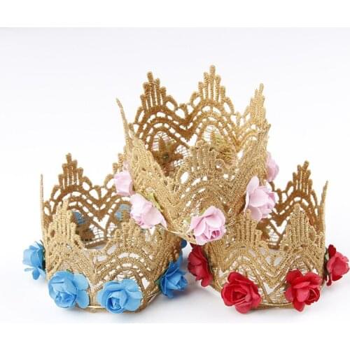 Nishine 1PCS Khaki Lace Crown Used for Baby Girls Party Headwear 3D Crochet Crown with Rose Flowers DIY Hair Accessories