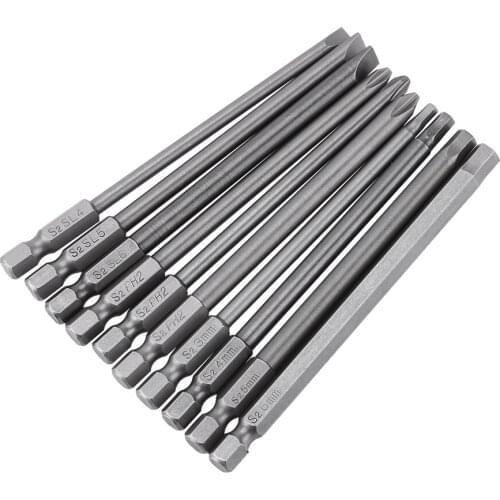 10pcs 1/4 Inch Hex Shank 100mm Long Magnetic BST Screwdriver Bits Set (Slotted+Cross+Hex head)