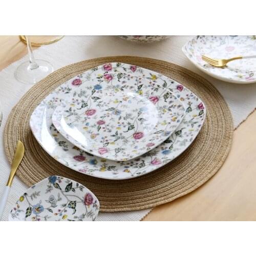2pcs/lot, bone china floral square dinner plates, porcelain dishes and plates sets, ceramic plate dish for servies, dinnerware