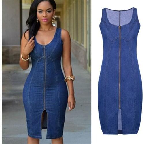 2021 Sexy V Neck Zipper Design Denim Elasticity Bodycon Dress Summer Sleeveless Blue Office Lady Clothing Party Vestidos De Muje