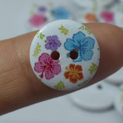 50PCS Printed Round Pattern Wooden Button Mixed 2 Hole Flower Natural Sewing Children Buttons for Handmade Clothes Accessories