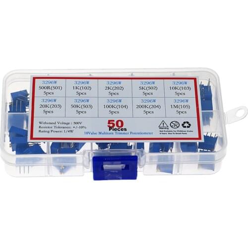50Pcs 3296W Multiturn Trimmer Potentiometer Kit High Precision Variable Resistor With Box Kit