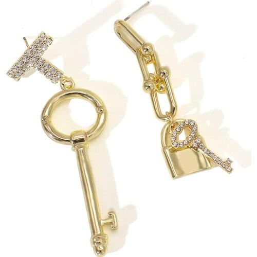 AENSOA 2021 New Punk Gold Color Metal Key Lock Drop Earrings Shiny Asymmetric Geometric Rhinestone Long Earrings for Women Girls
