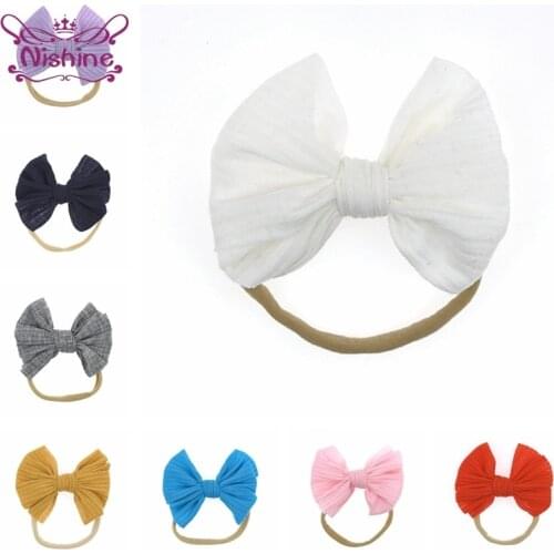 Nishine Solid Color Striped Bowknot Baby Headband Fashion Knitting Cotton Bows Elastic Hairband Kids Accessories Birthday Gifts