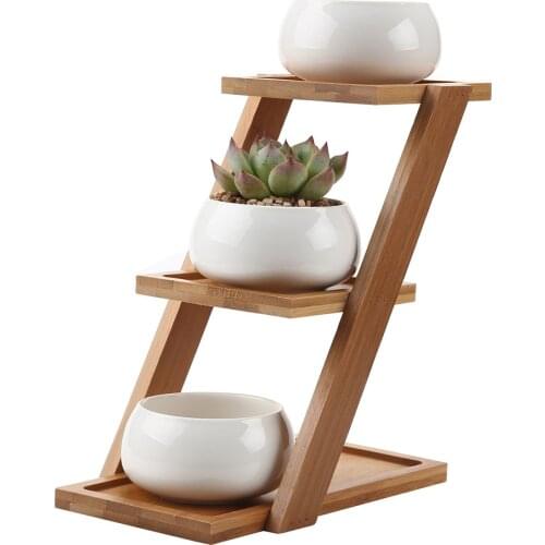 White Creative Succulents Ceramic Pot Oblate with Three-layer Bamboo Frame Combined Potted Plant Balcony Decor Flower Pot
