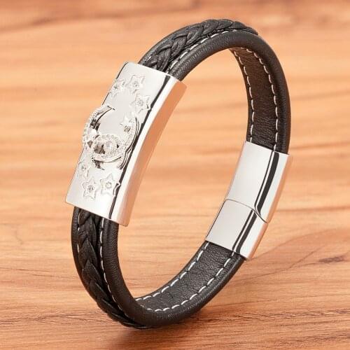 Crescent Moon Star Crystal Woven Leather Bracelets Rope Wrapping Classic Stainless Steel Mens Black Bangles DIY Customization