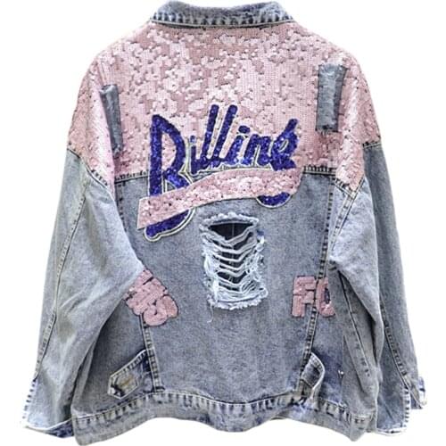 Denim Women Jacket Autumn 2021 New Spring Vintage Sequins Pink Shiny Loose Coat Long Sleeve Outerwear Female Jacket femme veste