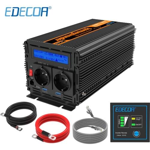 EDECOA pure sine wave power inverter DC 24V to AC 220V 1500W peak 3000W with 5V 2.1A USB remote control LCD display