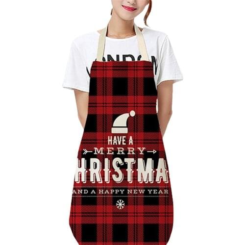 Merry Christmas Print Sleeveless Apron Polyester Kitchen Plaid Aprons Women Home Cooking Baking Waist Bib Pinafore 68cm*55cm