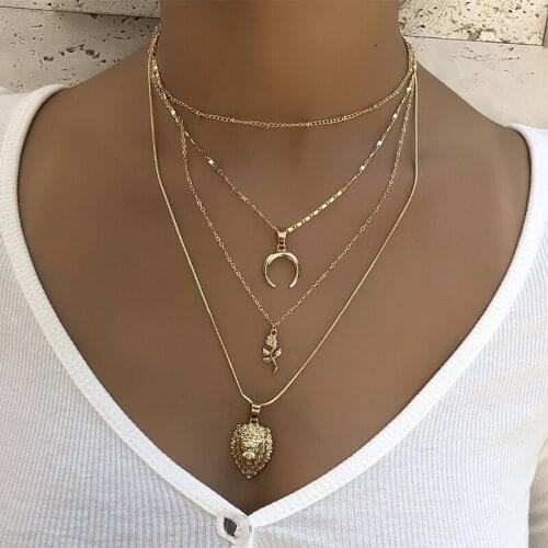 4 Pcs/Set Fashion Women Necklaces Set Gold Color Chain Lion Moon Flower Pendant Multilayer Necklace Lady Party Jewelry Gift