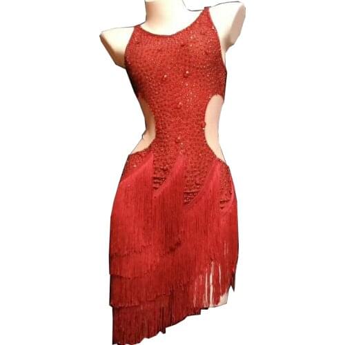 Red Latin Dancing Tassel Dresses Sparkling Rhinestones Show Waist Mesh Gauze Party Evening Costume Nightclub Outfit Women