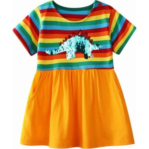 27kids Fashion Summer Girls Short Sleeve Cotton Shirt Dinosaur Sequins Skirt Baby Rainbow Dress for Kids Clother 2-7Years