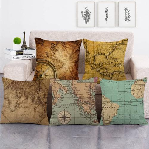 Cute Vintage World Map One Side Print Cushion Cover Linen Pillow Cover for Home Sofa Seat Throw Covers Decorative 45X45Cm