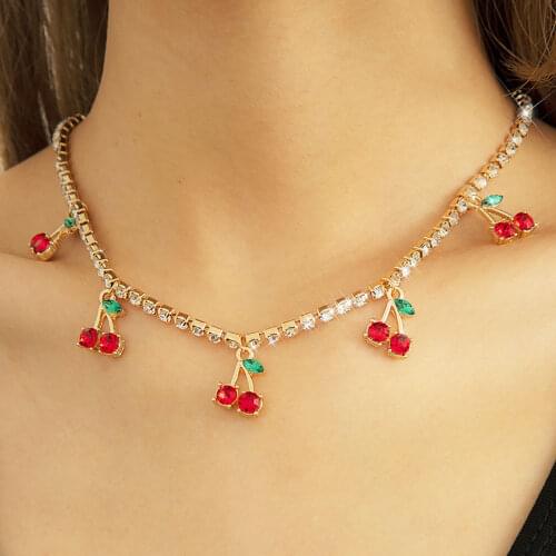 Fashion Luxury Shiny Rhinestone Cherry Pendant Necklace Womens Crystal Tennis Chain Sweet Necklaces Girl Jewelry Romantic Gift