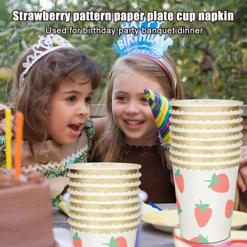 40pcs Paper Plate Disposable Tableware Set Strawberry Pattern Cups Tray Tissue For Wedding Birthday Decoration Party Supplies