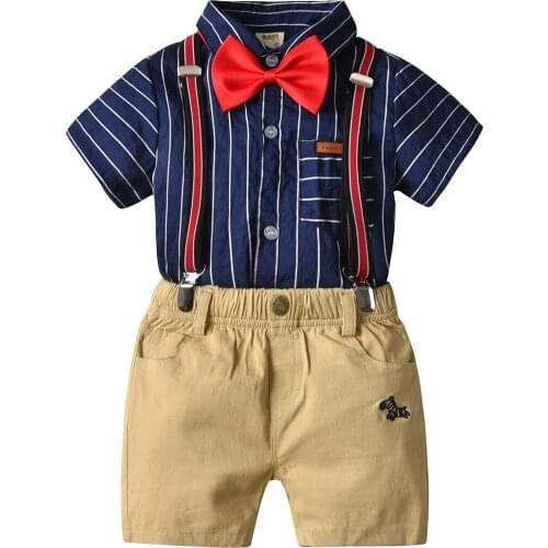 Oklady Fashion Baby Boy Clothes short Sleeve Dinosaur Print Shirts Romper+Suspenders Pants Gentleman Baby Clothing Set
