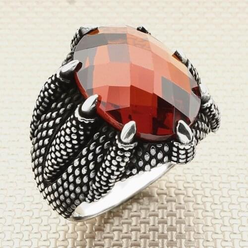 Oval Red Zircon Stone Men Silver Ring With Dragon Foot Motif Made in Turkey Solid 925 Sterling Silver