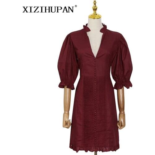 XIZIHUPAN Vintage Solid Ruched Dress For Women V Neck Puff Short Sleeve High Waist Single Breasted Mini Dresses Females 2021 New