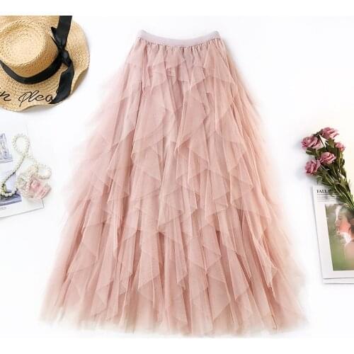 Women Beach Skirts Pink Jupe Femme Tulle Skirt Saia Midi Faldas Summer Women Boho Long Skirt High Waist Ruffles