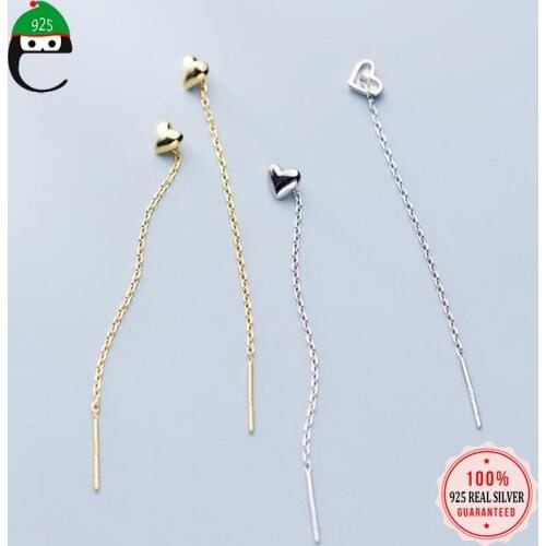 ElfoPlataSi 925 Sterling Silver Smooth Surface Heart Earrings 6cm Chain Ear Line Earrings For Women Silver 925 Jewelry DS2172