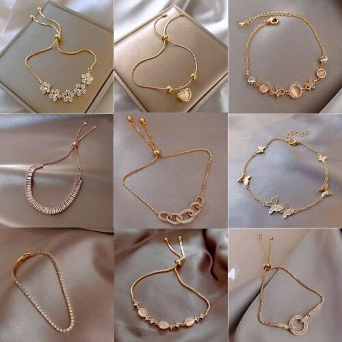 Women Rhinestone Flower Bracelet Gold Bracelet for Female Crystal Heart Charm Bracelet Women Bridal Wedding Fine Jewelry Gift