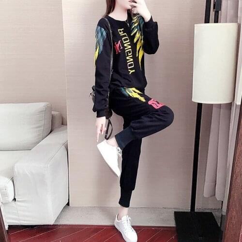 2021 Autumn New Female Fashion Sports Suit Printed Hip-hop Loose Casual Sweater Two-piece Round Neck T-shirt + Trousers