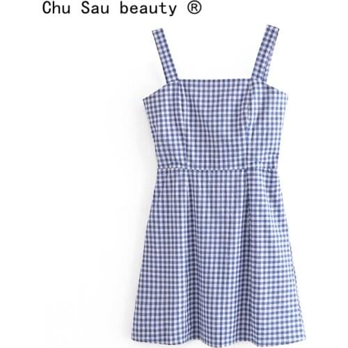 New Fashion Casual Chic Plaid Printed Mini Dress Women Sweet Style Sleeveless Backless Sling Dresses Female Streetwear