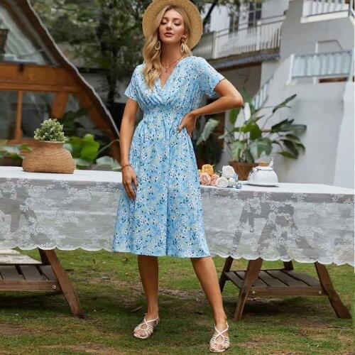 Summer Dress Women Boho Floral Print V Neck Short Sleeve High Waist Dress Casual Loose Streetwear Beach Party Dress Sundress