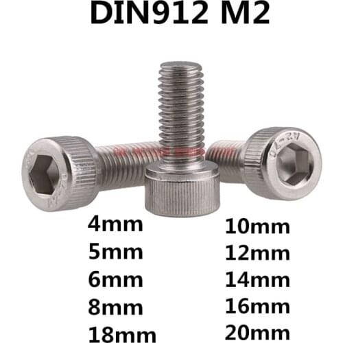 100pcs Metric Thread DIN912 M2 304 Stainless Steel Hex Socket Head Cap Screw Bolts M2*(4/5/6/8/10/12/14/16/18/20) mm