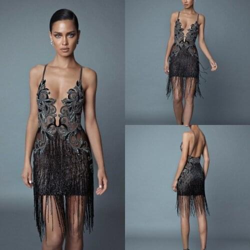 2020 Evening Dresses Spaghetti Straps Lace Beads Tassel Prom Gowns Custom Made Backless Evening Special Occasion Dress