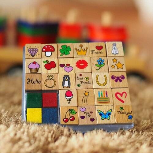 26 Pieces Of Wooden Stamps Reusable Stamps To Make Cartoon Patterns Water-based Pigment Ink Pads Retro Design Decorations