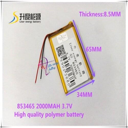3.7V 2000mAH 853465 Polymer lithium ion / Li-ion battery for MP3 MP4 cell phone speaker power bank DVD GPS DVR