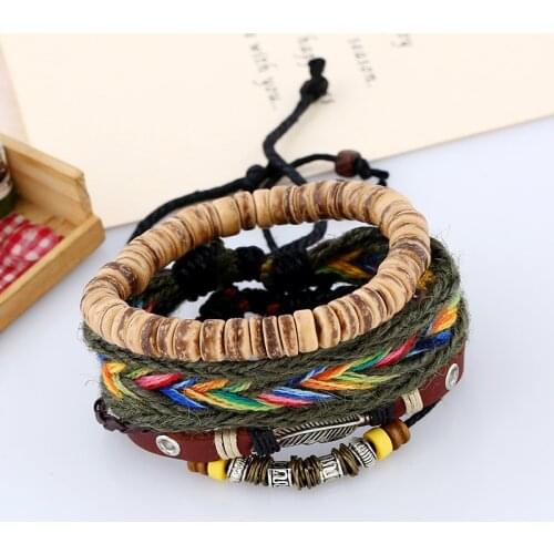 3Pcs/Set Boho Gypsy Hippie Punk Wooden Beige Coconut Wood Beads Brown Leather Cord Wrap Macrame Wrap Bracelets Set for Man