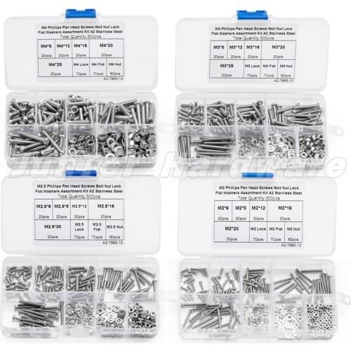300pcs M2 M2.5 M3 M4 A2 Stainless Steel Phillips Pan Head Machine Screws With Lock Flat Washer Assortment Kit