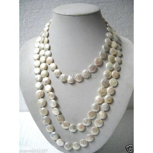 Free P&P >>Beautiful 11-12mm White Coin Pearl Long Necklace 60"