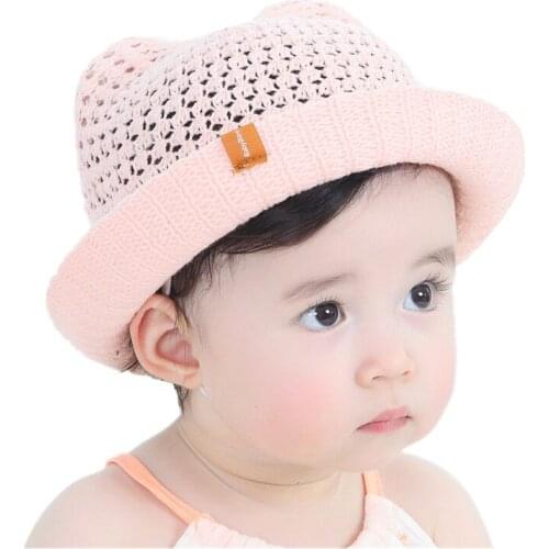 Summer Childrens Cartoon Ears Sun Hat Baby Girls Handmade Knitted Sun Cap Foldable Boy Basin Caps Child Hollow Beach Straw Hats