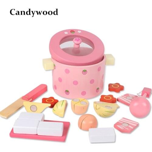 Kids Kitchen Toys Mother Garden Strawberry Simulation Vegetable Hot Pot Kitchen Prentend Play Food Set Wooden Toy for Girls Gift