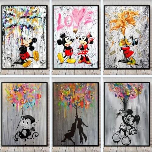 Graffiti Art Disney Anime Canvas Painting Street Pop Art Poster Print Wall Art Mickey Mouse with Colors Balloon Picture Kid Room