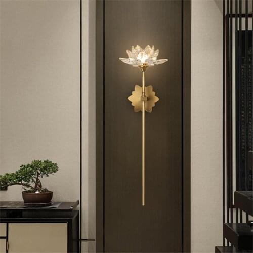 Chinese Copper Lotus Wall Lamps Zen Living Room Bedroom Creative Crystal Sconce Wall Lights Study Corridor Decorative Lighting