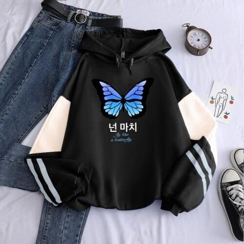 Korean Album LOONA Butterfly Hoodies Sweatshirt Kawaii Blue Gradient Graphic Women Fans Kpop Clothes Winter Patchwork Hoodies
