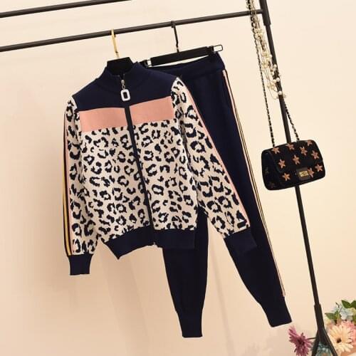 Autumn Winter New Tracksuit Women Leopard Print Zipper Cardigans Pants 2pcs Fashion Hit Color Slim Jumper Trousers Set