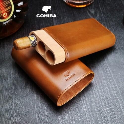 COHIBA Leather Cedar Wood Cigar Case Humidor 3 Tubes Holder Portable Travel Cigars Humidor Box Gift for Friend